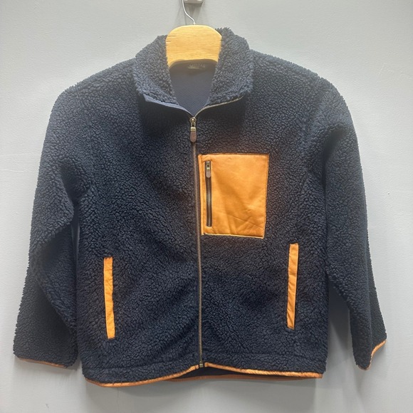 Orvis Other - Orvis Men's Fleece Jacket Navy Blue Zip Up Leather Trim Outdoor Hiking Coat